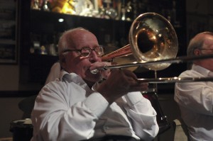 Lennie Hodgeson (trombone) Leader of The Original Eastside Stompers Jazz Band (1) at Farnborough Jazz Club, Kent, UK, on 21st May 2010. Photo by Howard Leigh