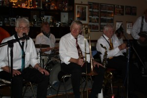 Red Wing Band from Sweden on 2014 tour at Farnborough Jazz Club 31st October with Hans Zakrissonv (Ldr&trb), Sverker Nystron (clt&altosax), Lief Meldahl (bass), Hans Jorgensen (bj), Ingamar Wagerman (pno), Ronald Anderson (drm) &spec guest Brian Carrick (rds). Photo: Mike Witt
