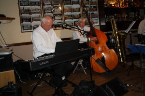 Hugh Crozier (piano) and John Bayne (double bass) with 'Bob Dwyer's Bix & Pieces' at Farnborough Jazz Club on Friday, 17th October 2014. Photo by Mike Witt.