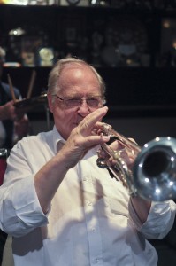 John Shepherd (trumpet) of The Original Eastside Stompers Jazz Band (1) at Farnborough Jazz Club, Kent, UK, on 21 May 2010. Photo by Howard Leigh