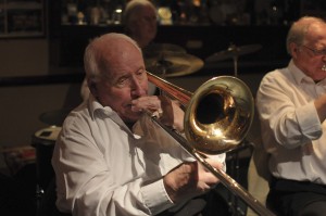 Lennie Hodgeson (trombone) Leader of The Original Eastside Stompers Jazz Band (3) at Farnborough Jazz Club, Kent, UK, on 21st May 2010. Photo by Howard Leigh