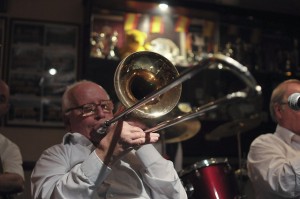"Here's a lovely ol', lovely ol' number' - Lennie Hodgeson (trombone) Leader of The Original Eastside Stompers Jazz Band (2) at Farnborough Jazz Club, Kent, UK, on 21st May 2010. Photo by Howard Leigh