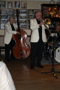 Roy Williams (trmb) and Trevor Evans (bass) with Tony Pitt's All Stars at Farnborough Jazz Club, Kent, UK on 21st November 2014. Photo by Mike Witt.