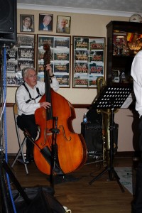John Bayne, d.bass&b.sax with Bob Dwyer's Bix & Pieces at Farnborough Jazz Club on 9th January 2015.