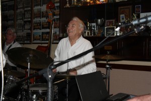 Laurie Chescoe, drummer with Bob Dwyer's Bix & Pieces at Farnborough Jazz Club on 9th January 2015