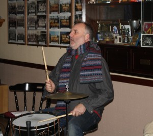 Emile Martyn (he is a 'Hot drummer') of Martyn Brothers at Farnborough Jazz Club, Kent 6Feb2015. Photo by Mike Witt.