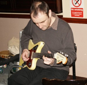 JOHN 'flashback radio' RUSCOE with Martyn Brothers at Farnborough Jazz Club, Kent 6th February 2015. Photo by Mike Witt.