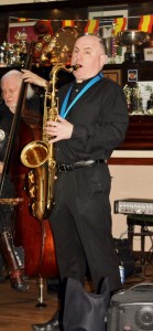 John Elmer on tenor sax & Trefor 'Fingers' Williams on d. bass with Mike Barry's XXL Jazz Band at Farnborough Jazz Club, 13th February 2015. Photo by Mike Witt.