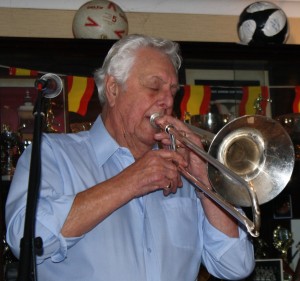 Trombonist Barry Palser seen here (with his own band) at Farnborough Jazz Club, Kent 27th February 2015. Photo by Mike Witt.