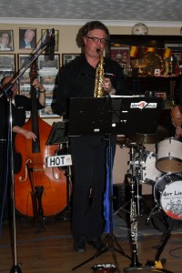 BOB STRAUB clarinet, alto bass, of 'Hot Lips Jazz Band, Munich Germany, seen here at Farnborough Jazz Club Kent, on their 2015 UK Tour. Photo by Mike Witt.