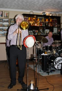 Brian 'Sam' Ellis (trombonist) with Savannah Jazz Club at Farnborough Jazz Club on 27th March 2015. Photo by Mike Witt.