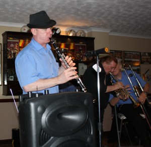 Tim Huskisson (clt), George 'Kid' Tidiman& Denny Islett in ‘George ‘Kid’ Tidiman’s All Stars’ at Farnborough Jazz Club, Kent, UK Fri 17th April 2015. Photo by Mike Witt.