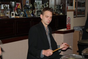 Julyan ‘Baby Jools' Aldridge (drums) with Millenium Eagle Jazz Band at Farnborough JC 15may2015. Photo by Mike Witt.