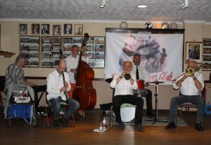 New Orleans Z'hulus Jazz Band at Farnborough Jazz Club, Kent, UK with Dan Vercruysse (trpt) – Belgium, Jesper Capion Larsen (cl) - Denmark, Philippe De Smet (trmb) – Belgium, Emile Van Pelt (pno) – Holland, Brian Turnoch (d.bass) - UK &Belgium, Emile Martyn (dms) - UK &USA.. Photo by Mike Witt.
