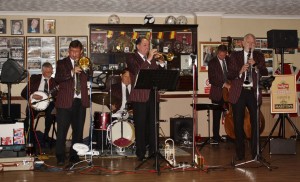 ROGER MARKS (trmb) & CHRIS Walker (clt) 'Tribute to Jazz' with Pedigree Jazz Band at Farnborough Jazz Club (Kent) 8th May 2015. Band was GRAHAM TREVARTON (trmpt), KEN AMES (bnjo), TONY MANN (d.bass) & COLIN LARN (drm). Photo by Mike Witt.