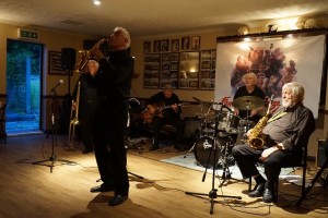Colin Bray (pianist) plays alto sax with Laurie Chescoe's Reunion Jazz Band at Farnborough Jazz Club, Kent, UK on 3rd July 2015. Photo by Krystof Jelinek (from the Czech Republic)