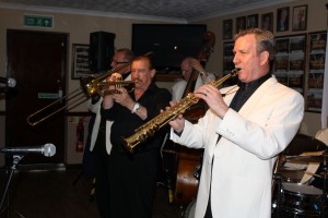 Some of Tony's stars: Al Nicols (rds), Denny Ilett (trmpt), Dave Hewitt (trmb) & Andy Lawrence (db). Photo by Mike Witt. 29may2015