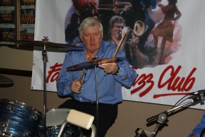 Bill Finch on drums with George 'Kid' Tidiman's All Stars at Farnborough Jazz Club on 31st July 2015. Photo by Mike Witt.