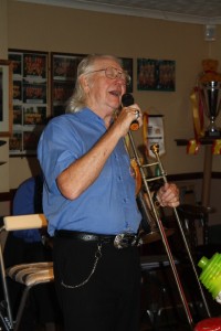 George 'Kid' Tidiman sings with his All Stars at Farnborough Jazz Club on 31st July 2015. Photo by MIke Witt.