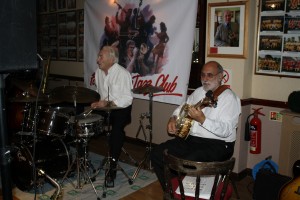 Laurie Chescoe (drms) and John Stuart (bnj) - 'Bob Dwyer's Bix & Pieces' at Farnborough JC Kent 10Jul2015