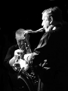 Saxophonist All Nicholls on tenor, one of Tony Pitt's All Stars at Keith's special birthday, Farnborough Jazz Club on 14th August 2015. Photo by Chrissie Nicholls.