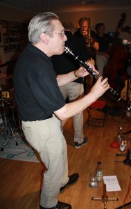 Storeyville Jazz Band from Holland with Henk Van De Ven (clarinet) at Farnborough Jazz Club, Kent UK on 28th August 2015. Photo by Mike Witt.