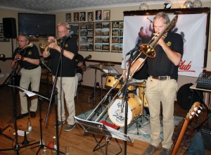 Storeyville Jazz Band from Holland with Henk Van De Ven (clarinet), Peter Van De GeIin (cornet) & Peter Dobbe (trombone) at Farnborough Jazz Club, Kent UK on 28th August 2015. Photo by Mike Witt.