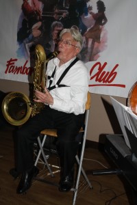 John Bayne, bass sax Bob Dwyer's Bix & Pieces at Farnborough Jazz Club's Xmas Party 18th December 2015. Photo by Mike Witt.