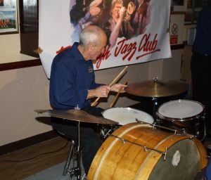 Pete Jackman plays drums for Golden Eagle Jazz Band here at Farnborough Jazz Club (Kent) on 8th January 2016. Photo by Mike Witt.