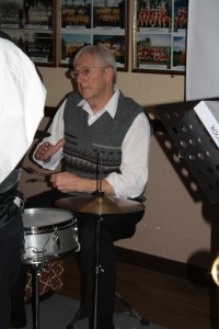 Graham Collicotte plays drums with Bob Dwyer's Bix & Pieces at Farnborough Jazz Club on 29th January 2016. Photo by Mike Witt.