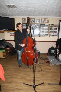 Ben Martyn plays double bass with his Martyn Brothers Jazz Band at Farnborough Jazz Club, Kent on 15th January 2016. Photo by Mike Witt.