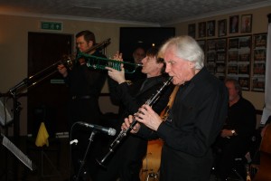 Phoenix Dixieland Jazz Band at Farnborough Jazz Club on 22nd January 2016. (LtoR) Bill Todd, John Stuart, Paul Higgs, Charles Sherwood & Alan Clarke. Photo by Mike Witt.