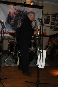 Colin Bray plays soprano sax, swoping places with Allan, who played piano, with Laurie Chescoe's Reunion Jazz Band at Farnborough Jazz Club (Kent) on 22nd April 2016. Photo by Mike Witt.