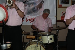 Pete Lay plays drums for Sussex Jazz Kings at Farnborough Jazz Club on 29th April 2016. Photo by Mike Witt.