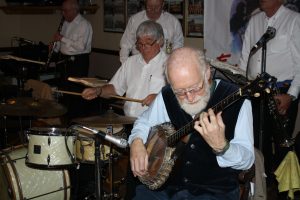 Yerba Buena Celebration Jazz Band at Farnborough Jazz Club (Kent) on 3rd June 2016. (LtoR) Brian White (clarinet), Mike Barry (2nd trumpet &vocals), Pete Lay (drums), Nick Singer (banjo &vocals) and Dave Rance (1st trumpet &vocals). Photo by Mike Witt.