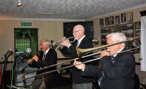 Great front-liners John Crocker on clarinet , Mike Cotton on trumpet and Jackie Free on trombone playing with 'Jackie Free's Chicagoans' at Farnborough Jazz Club (Kent) on Friday 5th August 2016. Photo by Mike Witt.
