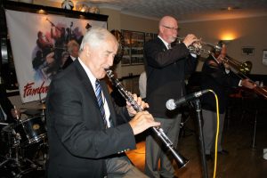 John Crocker (clarinet), Mike Cotton (trumpet) and Jackie Free (trombone) seen playing at Farnborough Jazz Club (Kent) with Jackie Free's Chicagoans on 5th August 2016. Photo by Mike Witt