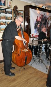 Andy Lawrence plays double bass and John Ellmer plays drums for Tony Pitt's All Stars at Farnborough Jazz Club for Keith's birthday on 12th August 2016. Photo by Mike Witt.