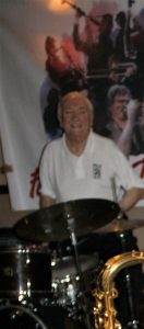 Laurie Chescoe, jazz drummer extaordinaire, here at Farnborough Jazz Club, Kent (2016)